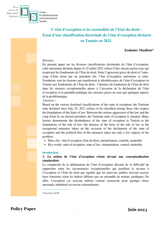 L etat d exception et les normalites de l etat du droit essai d une classification doctrinale de l etat d exception declaree en tunisie en 2021