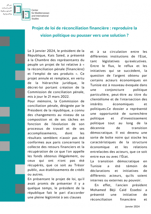 Projet de loi de reconciliation financiere reproduire la vision politique ou pousser vers une solution